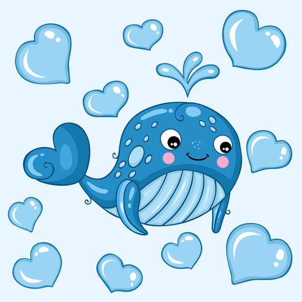 Flat card of little funny smiling whale with hearts - Vector, Image