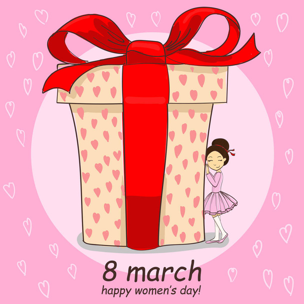 8 march hand drawing card with little girl and big gift - Vector, Image