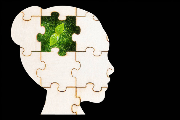 Woman's head profile shaped jigsaw puzzle with a green sprout visible through the missing piece. The concept of planting an idea in someone's mind. - Foto, imagen