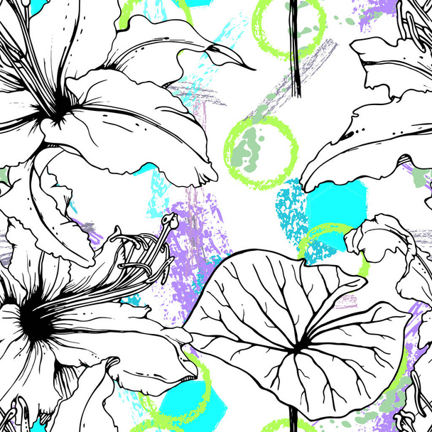 Floral Black White Print. Tropical Jungle Leaf on Geometric Brush Shapes. Modern Motif. Foliage Summer Seamless Pattern. Trending Vector Background. Artistic Botanical Surface. Plant Texture Fashion. - Vektor, Bild