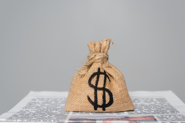 taška na peníze s dolarovou cedulí na papíře izolované na šedi - Fotografie, Obrázek