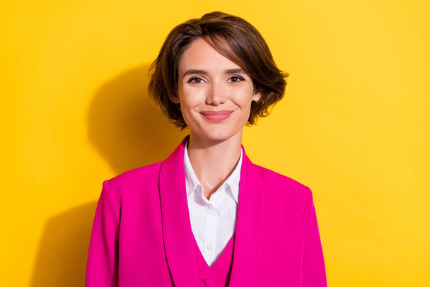Photo of cute young brunette lady wear pink blazer isolated on yellow color background - Фото, изображение