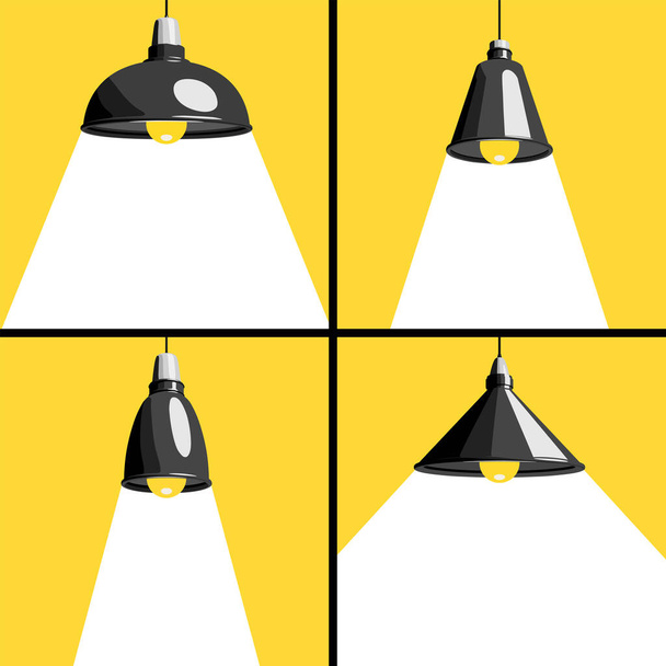 Σύνολο τεσσάρων διαφορετικών μενταγιόν λαμπτήρες με ακτίνες του λευκού φωτός σε κίτρινο φόντο. Εικονογράφηση διανύσματος - Διάνυσμα, εικόνα