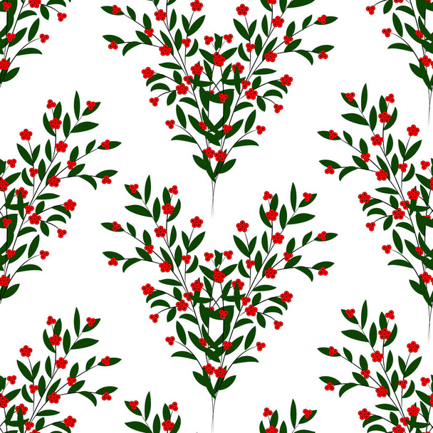 ベクトルシームレスパターン。白い孤立した背景に緑の葉と赤い果実を持つ抽象的な小枝.  - ベクター画像