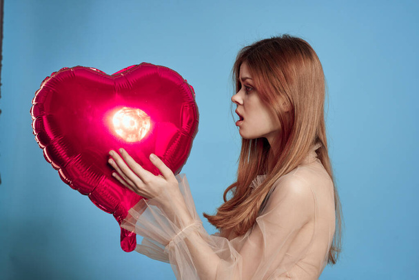 beautiful woman heart balloon holiday Valentines Day isolated background - Valokuva, kuva