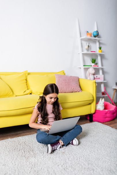 preteen child sitting on carpet and using laptop in modern living room  - Photo, Image