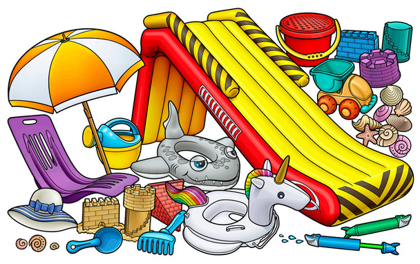 Kreskówka cute doodles ręcznie rysowane lato plaża dzieci rozrywka ilustracja. - Wektor, obraz