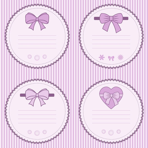 set of four tags for childrens goods on a striped background, flat graphics, pink palette - Vector, Imagen