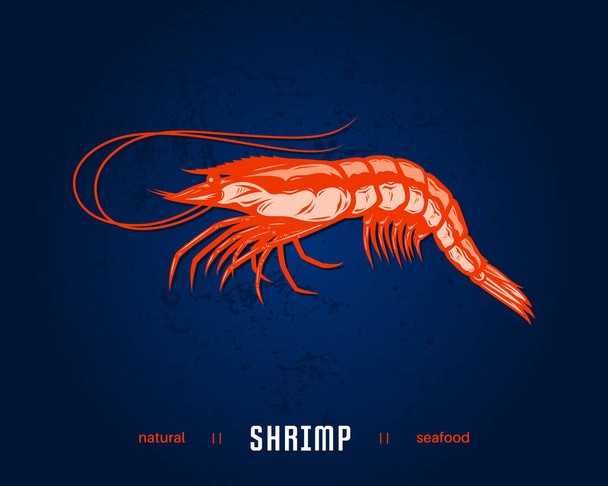 Illustration vectorielle de style plat crevettes. Icône Fruits de mer isolée sur fond bleu grunge - Vecteur, image