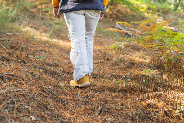 Benen van persoon in gele laarzen en crème broek lopen langs bospad. Wandelen. Ik ontvang een gezond leven - Foto, afbeelding