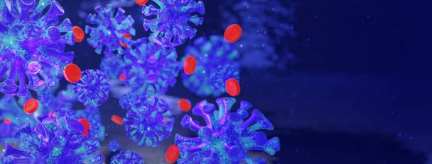 A coronavirus törzsek új mutációjával és vérrögökkel a hátterében. A vírusok gyógyításának kutatása. 3d renderelés. - Fotó, kép
