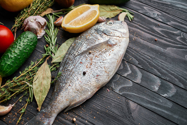 fresh fish ingredients wood board restaurant delicacy - Foto, Imagem