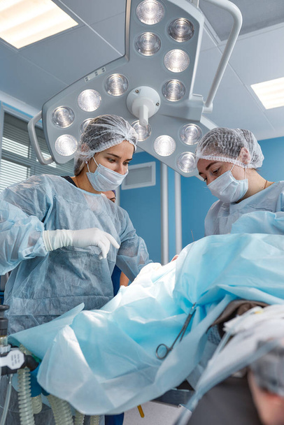 Συμπυκνωμένο χειρουργική ομάδα λειτουργία ενός ασθενή σε ένα θέατρο λειτουργία. Άρτια εκπαιδευμένο αναισθησιολόγος με χρόνια εκπαίδευση με σύνθετες μηχανές ακολουθεί ο ασθενής κατά τη διάρκεια της χειρουργικής επέμβασης - Φωτογραφία, εικόνα