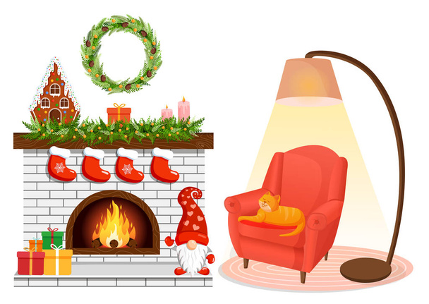 Noël confortable intérieur de la maison avec cheminée, fauteuil, chat et lampe. Style scandinave et hygge. Illustration vectorielle d'une pièce pour carte postale, bannière, affiche, site web. - Vecteur, image