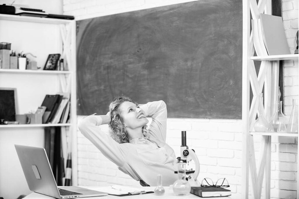 Just relax. Find way to relax at workplace. Teacher adorable woman try to relax in classroom. Mental health and relaxation methods. School pedagogue occupation. Stretching after hard working day - Фото, зображення