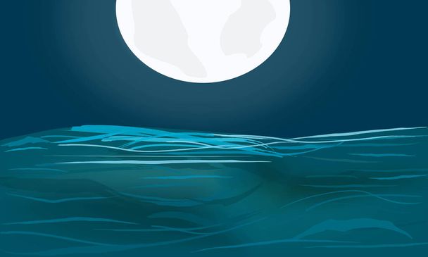 Ilustración vectorial de mar azul profundo y media luna brillando en medio del océano con olas marinas y reflexión lunar en el agua.  - Vector, Imagen