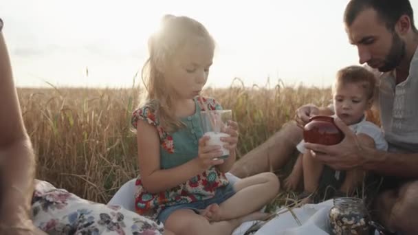 Une famille amicale avec une fille et un petit fils déjeune à un pique-nique dans un champ de blé un jour d'été. - Séquence, vidéo