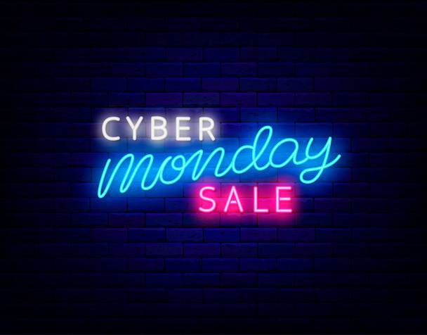 Cyber monday sale neon sign. Luminous emblem. Outer glowing effect logo. Shopping concept on brick wall. Editable stroke. Isolated vector stock illustration - Vektör, Görsel