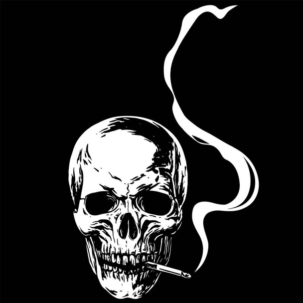Realistic vector black and white illustration of a skull smoking a cigarette - Vector, Image