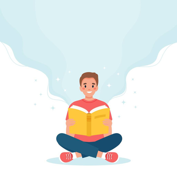座って本を読んでいる男。学習と識字の日の概念。フラット漫画スタイルでかわいいベクトルイラスト - ベクター画像
