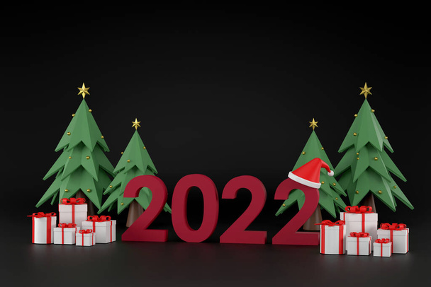 3D. 2022 font, Santa Claus hat, gift box, christmas tree At Christmas and New Year on a black background - Photo, image