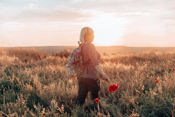 Mujer senderista de pie en el campo y mirando el horizonte con hermoso cielo al atardecer. Hermoso paisaje, libertad, la unidad del hombre y la naturaleza - Foto, imagen