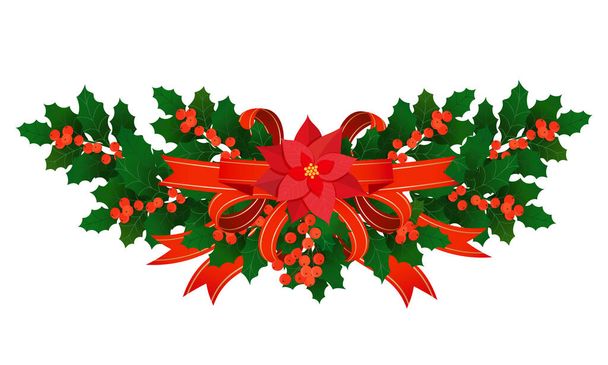 Christmas ornament. Holly border garland with decoration of red satin ribbons, poinsettia flower, berries isolated on white. Vector christmas traditional element for design banner, invitation, card - Vector, Image