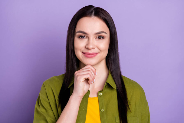 Photo of tricky charming young lady dressed green clothes smiling arm chin isolated purple color background - Φωτογραφία, εικόνα