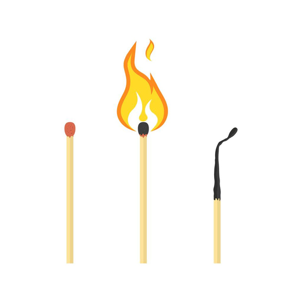 Streichhölzer mit Flamme. Unbenutztes, brennendes und verbranntes Streichholzsymbol. Vektorillustration - Vektor, Bild