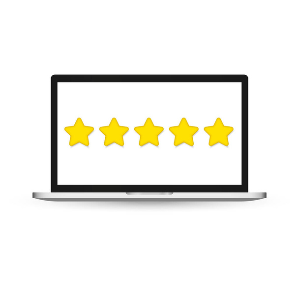 Веб-сайт з п'ятьма зірками та екраном для ноутбуків. Концепція оцінки відгуків клієнтів, рейтингу, рейтингу, огляду, оцінки користувацького досвіду веб-сайту. Плоска векторна ілюстрація для плаката
. - Вектор, зображення