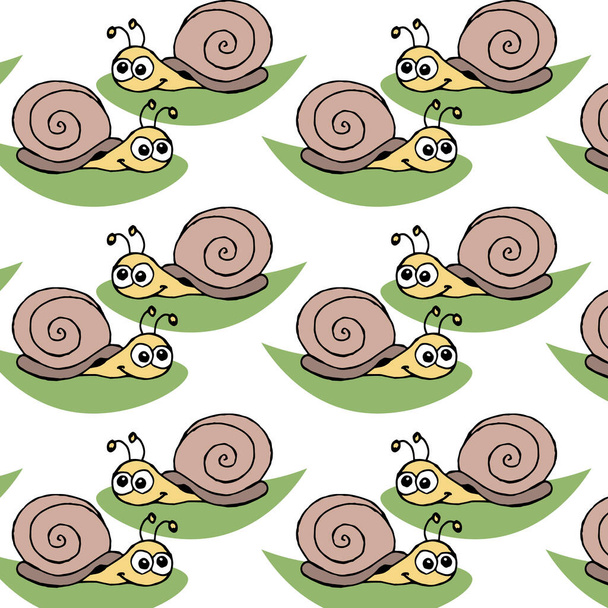 seamless pattern, hand-drawn funny snails in gentle tones, print for children, textiles, wallpaper - Vector, Image