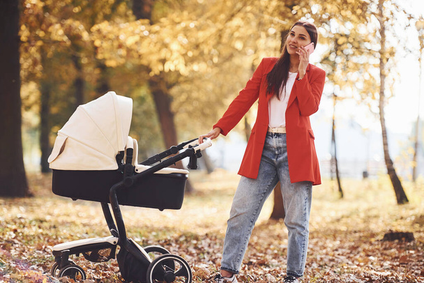 Talking by the phone. Mother in red coat have a walk with her kid in the pram in the park at autumn time. - Foto, Imagem