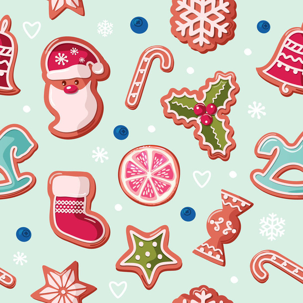 Christmas seamless background. Gingerbread cookies. Traditional festive pattern for wrapping paper, banners, pajamas. Vector - Wektor, obraz
