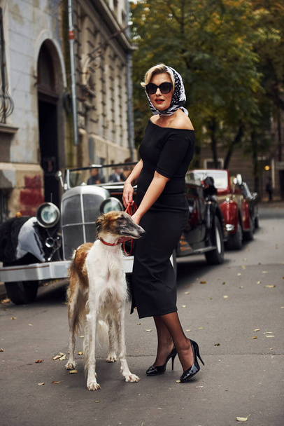 Blonde woman in sunglasses and in black dress near old vintage classic car with her dog. - Фото, зображення