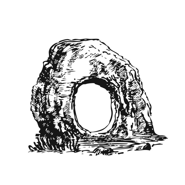 メンヒル、未知の起源の丸い穴のある石、ベクトル。グラフィックドローイングスケッチ。巨石時代. - ベクター画像