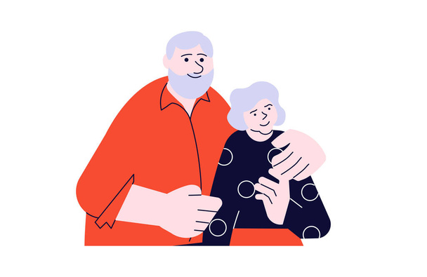 Ηλικιωμένοι ζευγάρι οικογένεια άνθρωποι μαζί. Ο πρεσβύτερος αγκαλιάζει τη γυναίκα του - Διάνυσμα, εικόνα