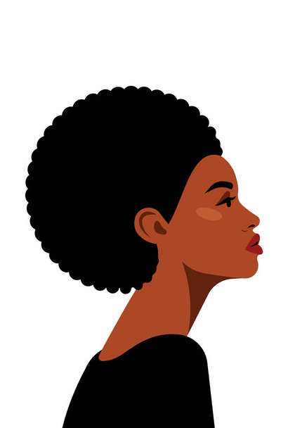 Hermosa mujer negra con piel oscura. Modelo femenino étnico africano de moda con pelo corto rizado afro. Retrato femenino, vista lateral, aislado. Vector avatar en estilo moderno. - Vector, imagen