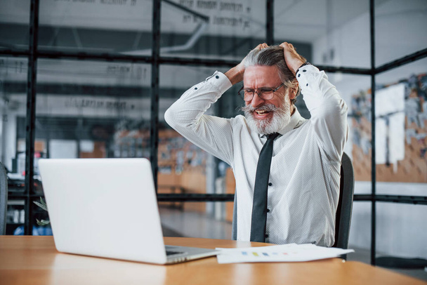 Expressive mature businessman with grey hair and beard in formal clothes is in the office against laptop. - Photo, image
