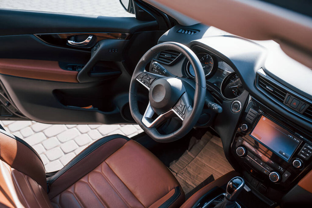Close up detailed view of interior of brand new modern car. - Фото, зображення