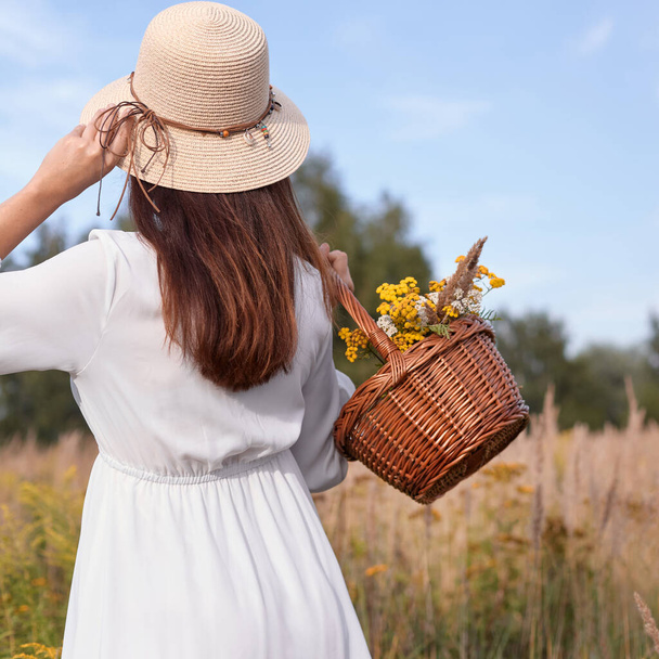Woman sholding basket of wild flowers. Woman picking flowers / herbs in nature. - Fotografie, Obrázek