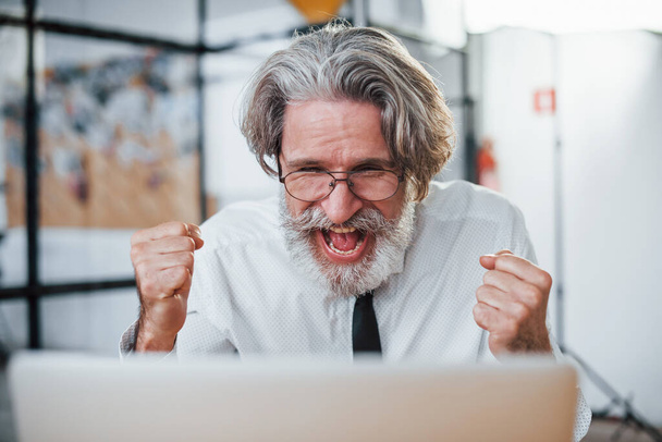 Expressive mature businessman with grey hair and beard in formal clothes is in the office against laptop. - 写真・画像