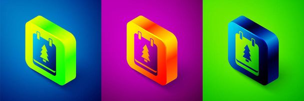 Isometric Christmas day calendar icon isolated on blue, purple and green background. Event reminder symbol. Merry Christmas and Happy New Year. Square button. Vector - Vector, Image