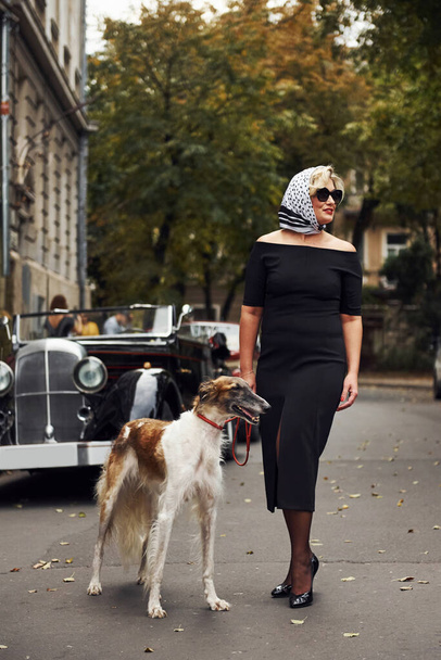 Blonde woman in sunglasses and in black dress near old vintage classic car with her dog. - Fotografie, Obrázek