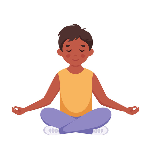 Poika meditoi lootuksessa. Voimistelu, jooga ja meditaatio lapsille. Vektoriesimerkki - Vektori, kuva