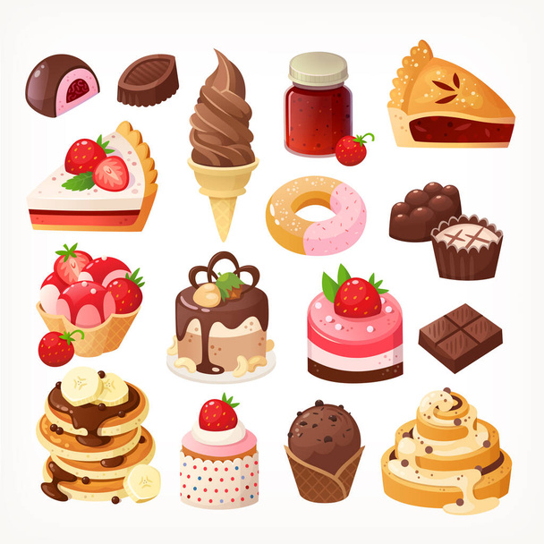 Ice cream bakery and pastry desserts with chocolate vanilla and strawberry flavours jams sundaes. Vector isolated delicious illustrations of candies and sweet foods for menu designs. Cute lovely icon  - Vector, Image