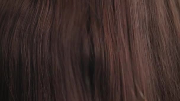 περιποίηση μαλλιών, χτένα κινείται κατά μήκος όμορφη υγιή μακριά ροή καστανά μαλλιά κοντά, υφή - Πλάνα, βίντεο