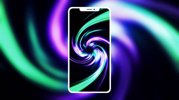Beautiful purple and green rotating spiral pattern and a silhouette of a modern smartphone. Motion. Presentation of a new phone design. - Photo, Image