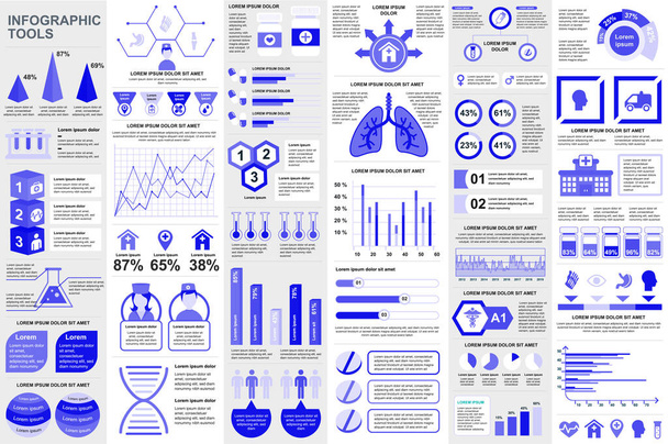 Paquete de elementos de infografía médica visualización de datos plantilla de diseño vectorial. Mega set. Se puede utilizar para pasos, procesos, flujo de trabajo, diagrama, concepto de salud, línea de tiempo, iconos, gráficos de información. - Vector, Imagen
