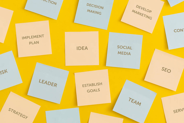 Colored sticky notes on yellow background. Business concept, strategy, planning - Foto, afbeelding