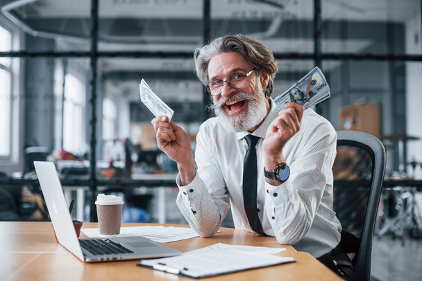Happy mature businessman with grey hair and beard in formal clothes is in the office holding money. - Photo, Image